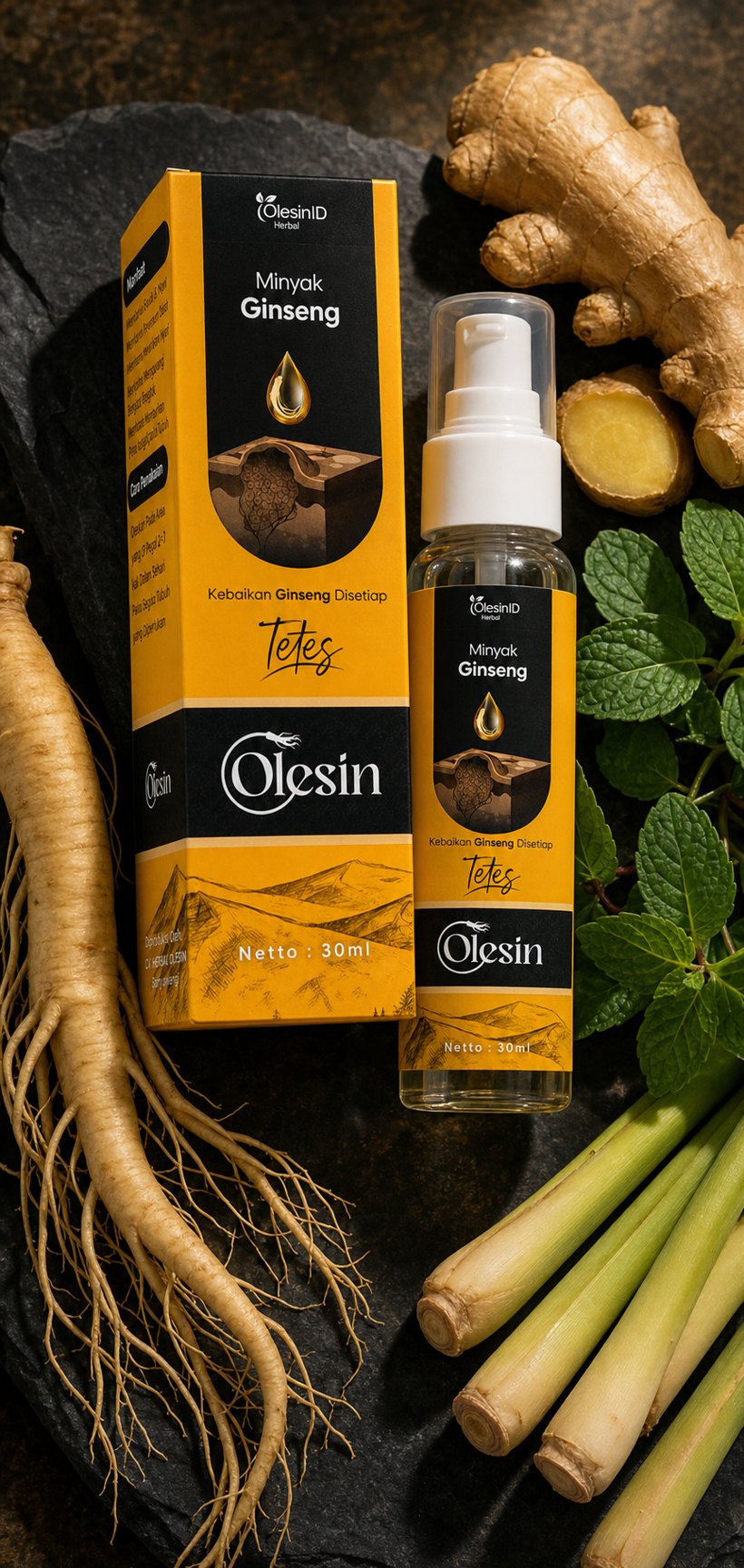 Olesin diramu dari ginseng liar, jahe, peppermint dan sereh